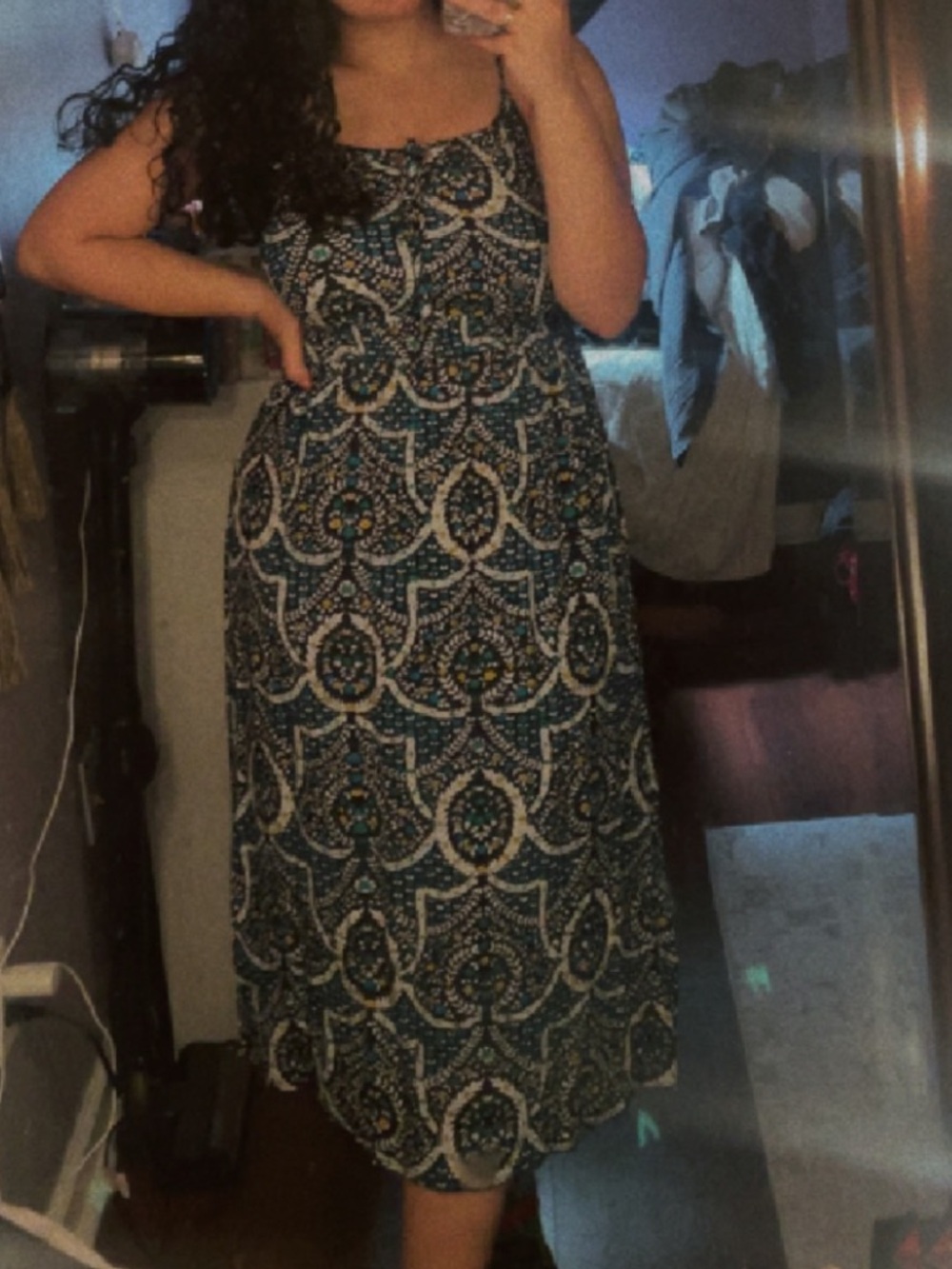 Women’s Blue Patterned Spaghetti-Strap Midi Dress